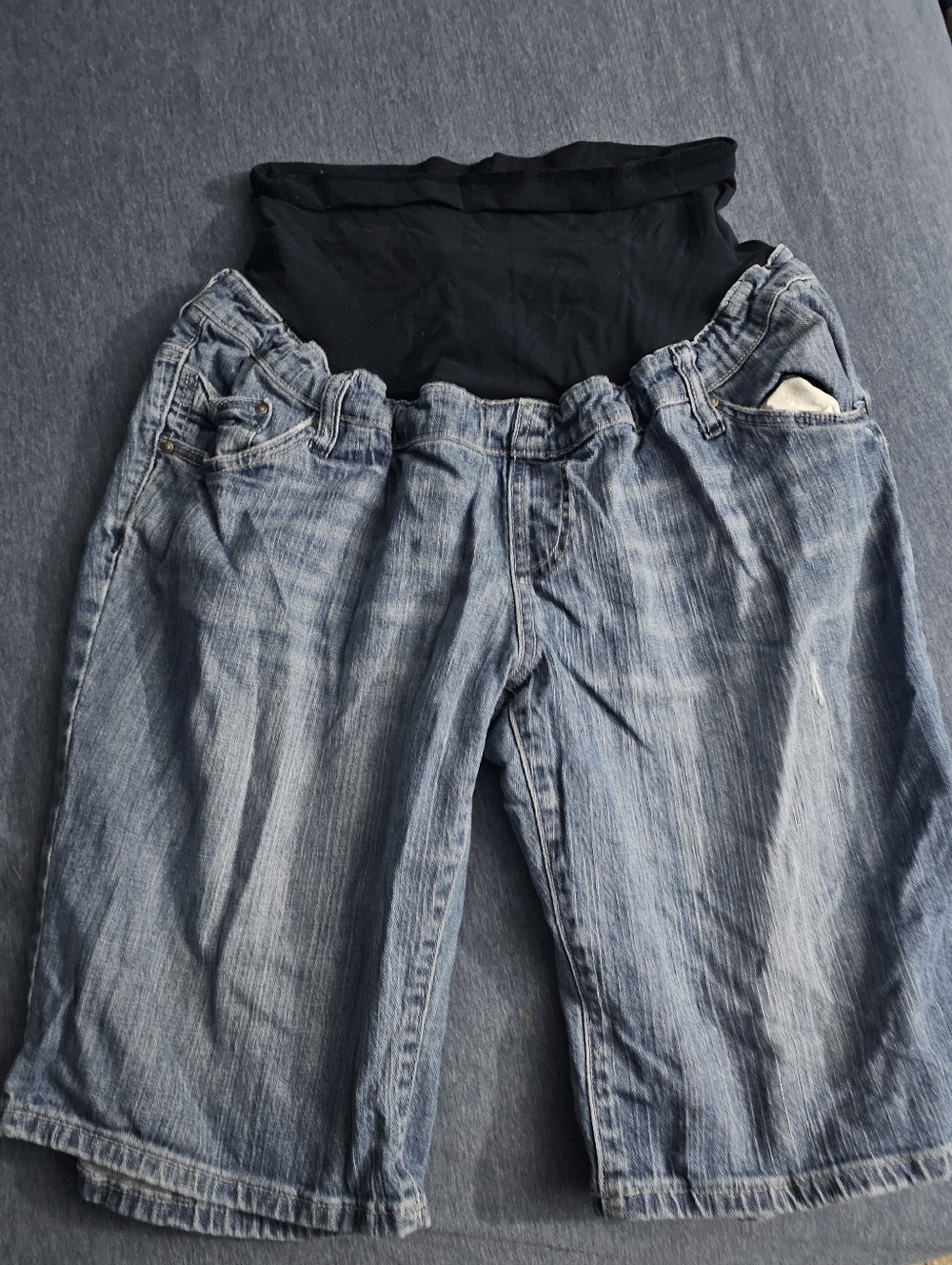 duo Maternity Black Over-Belly Shorts with Light Blue Denim